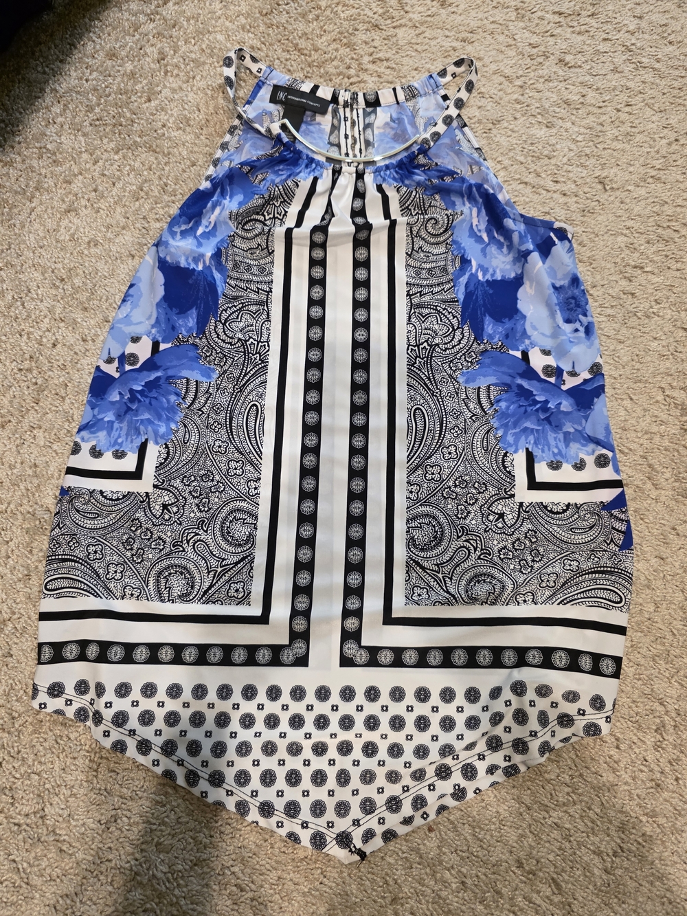 INC International Concepts Blue Black White Mixed-Print Asymmetrical Skirt